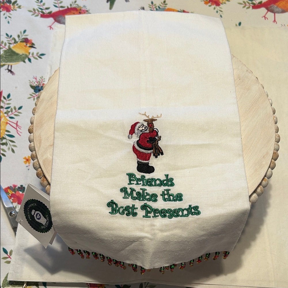 “Friends Make the Best Presents” Santa Hugging Rudolph Christmas Dish Towel NWT